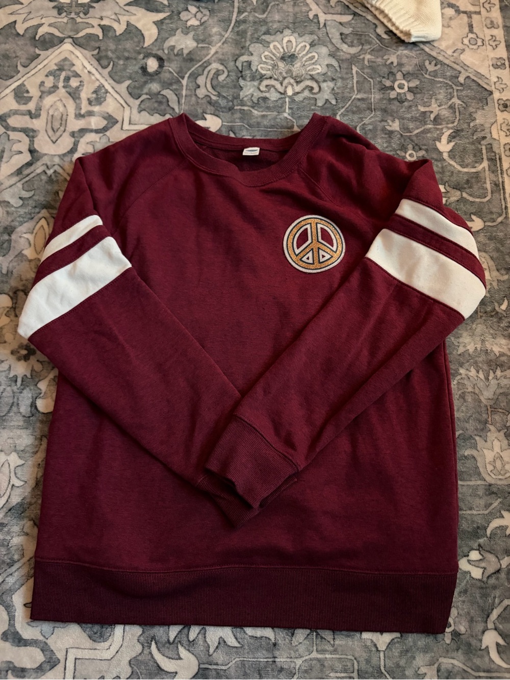 Burgundy Crewneck Sweater with White Sleeve Stripes
